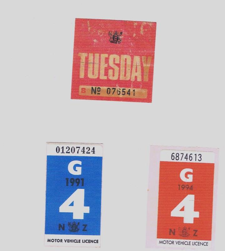 Name:  NZ Number Plates #6 Registration stickers 1991 and 1994 Carless Day sticker Tuesday 1979-80  .jpg
Views: 1768
Size:  36.6 KB