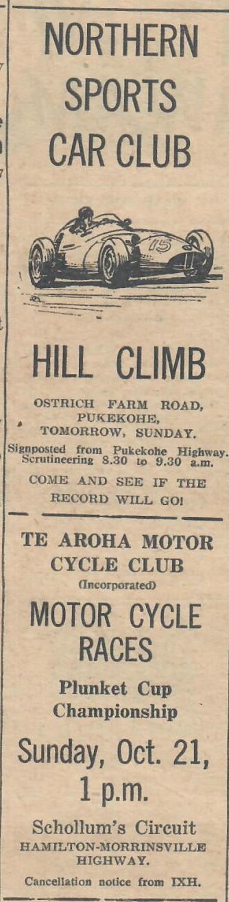 Name:  NSCC 1962 #151 Hill Climb Ostrich Farm Rd and Te Aroha MC Races Advert Sunday Graham Woods .jpg
Views: 1076
Size:  78.2 KB