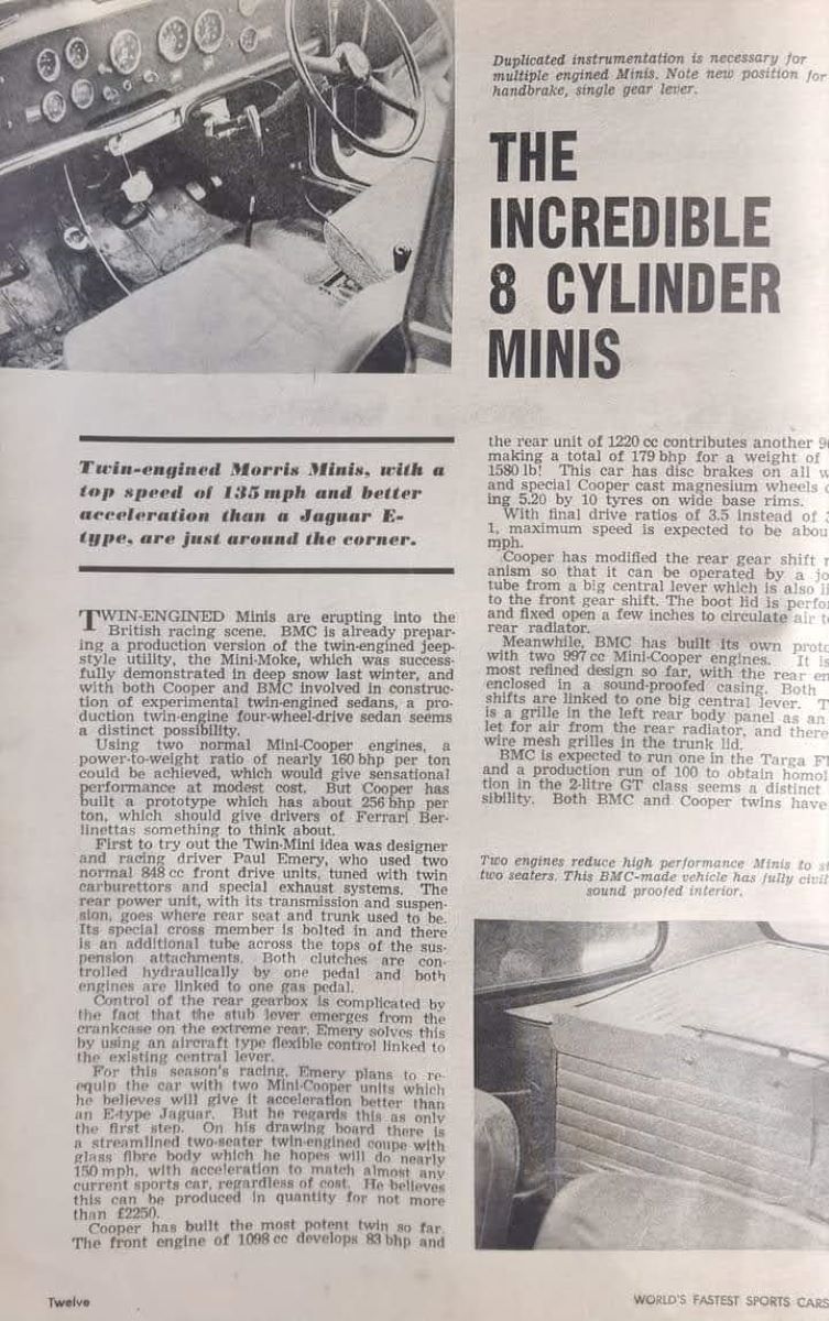 Name:  Mini #083 Twin Engine 8 Cylinder Mini Article 1st Page Worlds Fastest Sports Cars Page 12 173 kb.jpg
Views: 755
Size:  173.8 KB