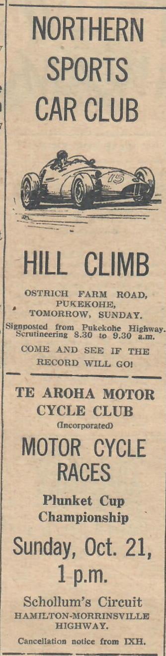 Name:  NSCC 1962 #151 Hill Climb Ostrich Farm Rd and Te Aroha MC Races Advert Sunday Graham Woods .jpg
Views: 1036
Size:  78.2 KB